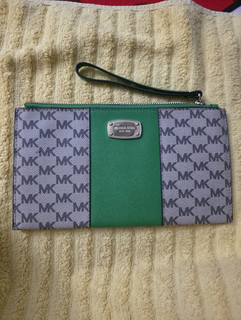 Michael Kors Brown Leather Wristlet with Green Strap